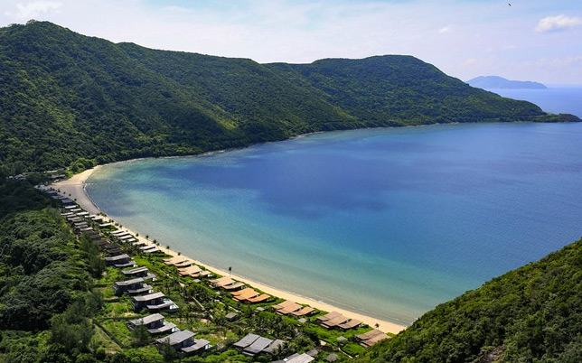 aerial overview of the beach in front of Six Senses Con Dao