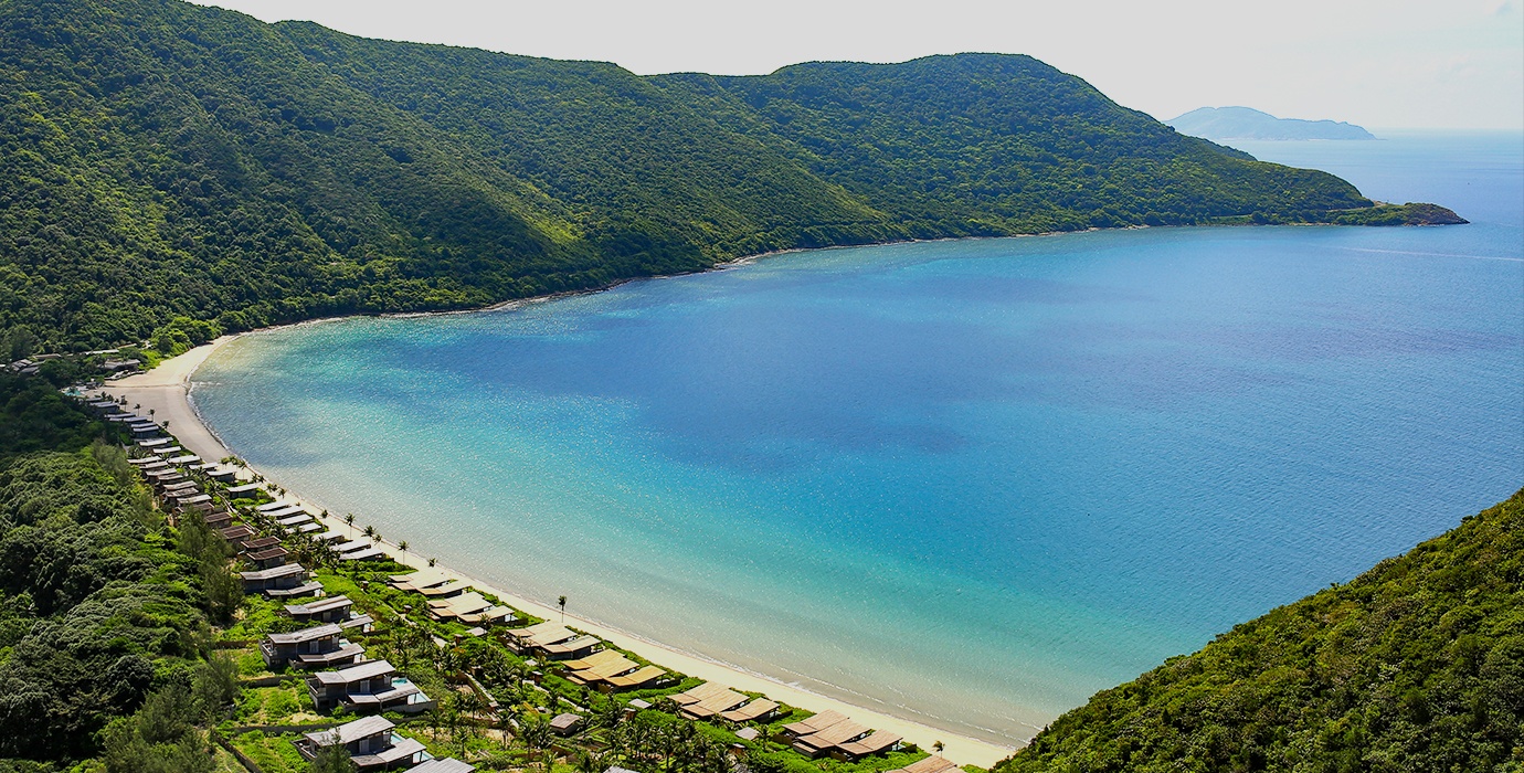 aerial overview of the beach in front of Six Senses Con Dao